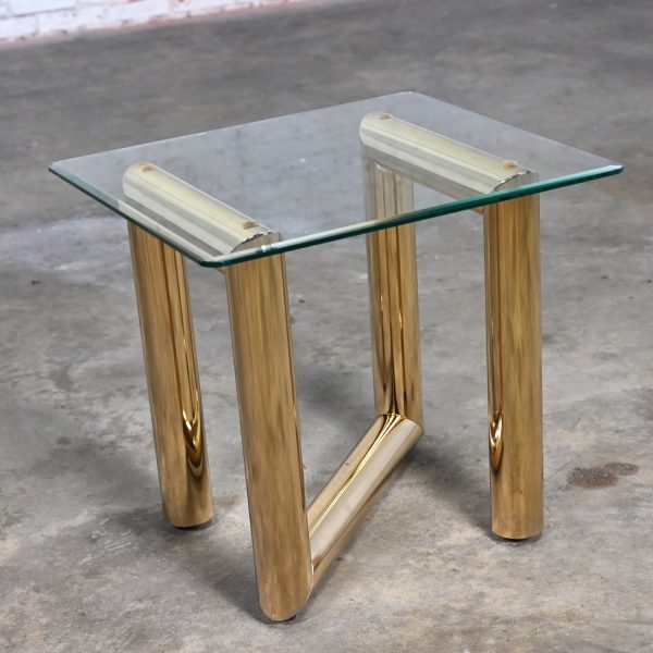 1970’s Modern Brass Plated End or Side Table with Square Glass Top Style of Karl Springer