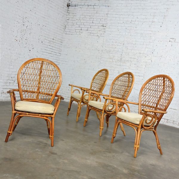 Late 20th Century Coastal Island Style or Hollywood Regency Balloon Back Rattan Dining Chairs Off White Seats Set of 4