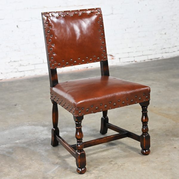 Early Mid-20th Century Spanish Revival Century Furniture Oak Side Chair with Cognac Leather & Antiqued Brass Details