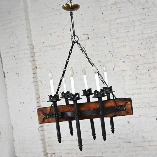 Mid-20th Century Medieval Gothic or Spanish Revival Iron & Wood Beam Hanging Light Fixture Made in Mexico