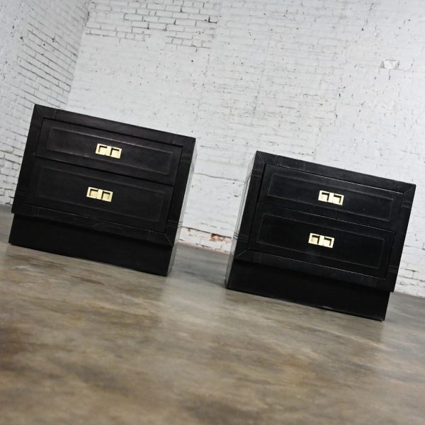 Late 20th Century Modern Campaign Style Black Espresso Dyed Leather Covered End Tables Nightstands or Cabinets a Pair