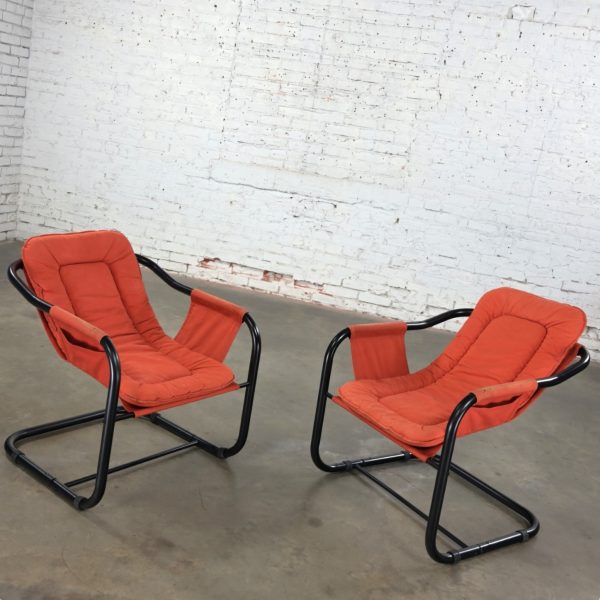 1970’s Modern Orange & Black Tube Cantilever Sling Lounge Chairs Jerry Johnson Style a Pair
