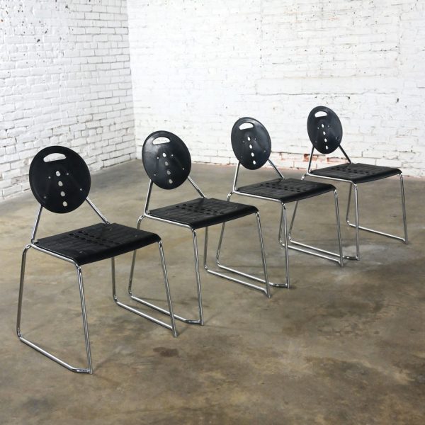1980’s Post Modern Segis Italia Black Plastic & Chrome Charlie Collection Cantilever Chairs by Carlo Bimbi & Nilo Gioacchini Made in Italy