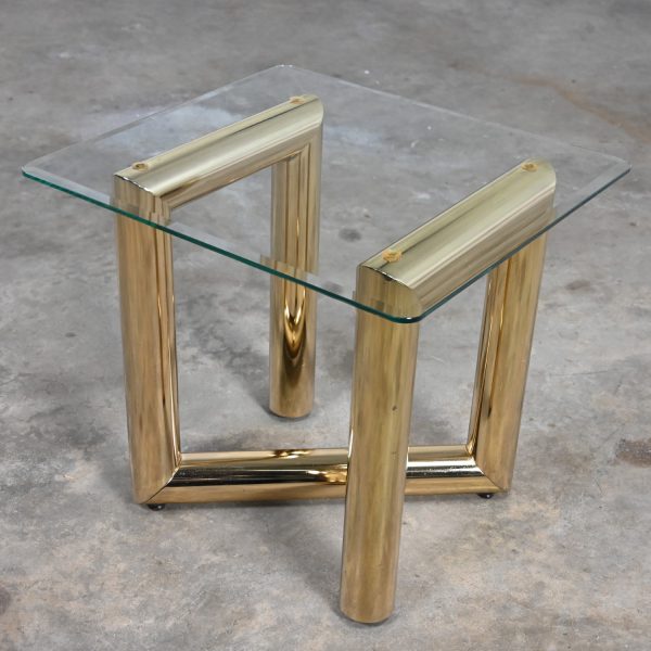1970’s Modern Brass Plated End or Side Table with Square Glass Top Style of Karl Springer