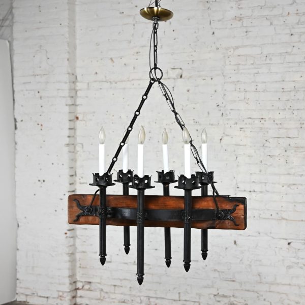 Mid-20th Century Medieval Gothic or Spanish Revival Iron & Wood Beam Hanging Light Fixture Made in Mexico