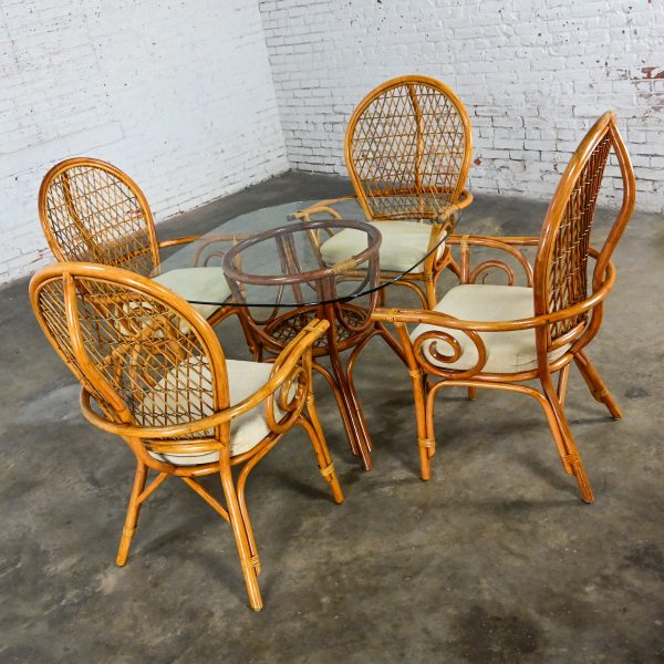 Late 20th Century Coastal Island Style Rattan Glass Top Dining or Game Table & 4 Chairs a Set
