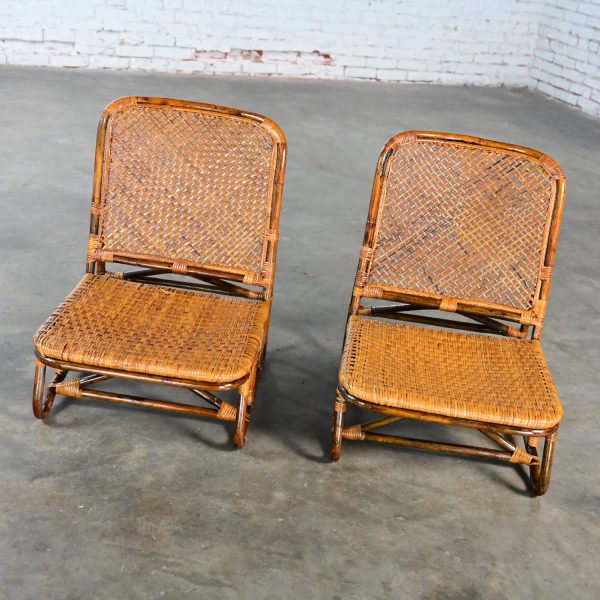 Mid-20th Century MCM Coastal Island Rattan & Wicker Low Legless or Zaisu Lounge Chairs Style Calif Asia a Pair