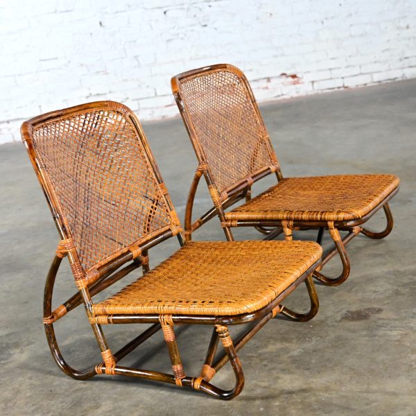 Mid-20th Century MCM Coastal Island Rattan & Wicker Low Legless or Zaisu Lounge Chairs Style Calif Asia a Pair