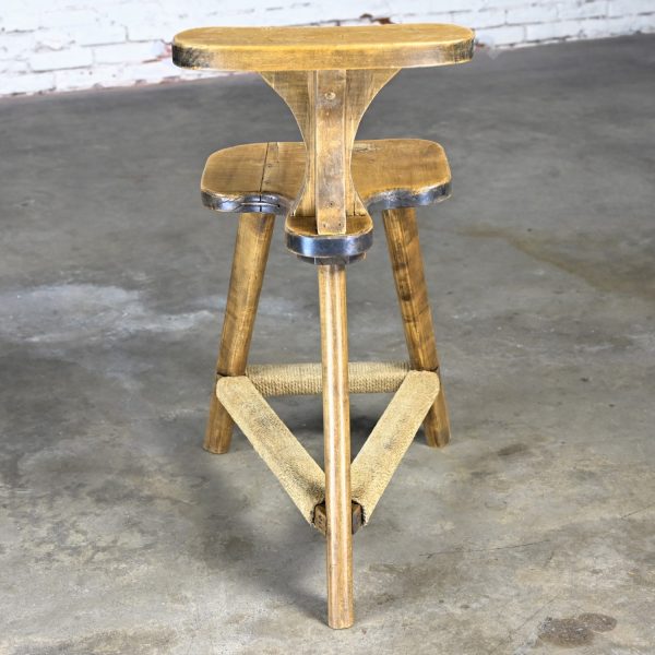 Early 20th Century Rustic Distressed Maple Cockfighting Betting or Sporting Chair Tri-Leg Base with Rope Detail