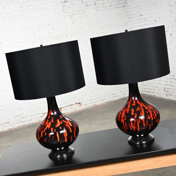 Mid-20th Century Mid-Century Modern Ceramic Orange & Black Glossy Drip Glaze Lamps a Pair