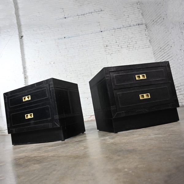 Late 20th Century Modern Campaign Style Black Espresso Dyed Leather Covered End Tables Nightstands or Cabinets a Pair