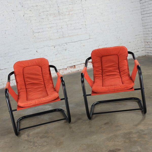 1970’s Modern Orange & Black Tube Cantilever Sling Lounge Chairs Jerry Johnson Style a Pair