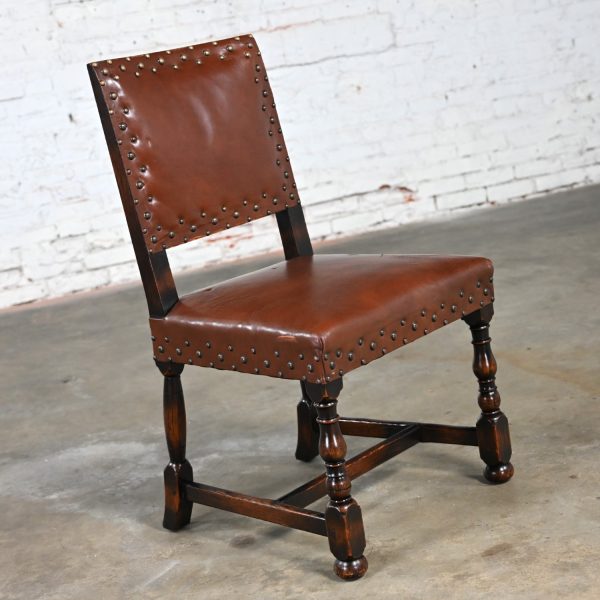 Early Mid-20th Century Spanish Revival Century Furniture Oak Side Chair with Cognac Leather & Antiqued Brass Details