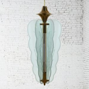 Late 20th Century Art Deco Revival Monumental Brass & Etched Glass Hanging Light Fixture Chandelier