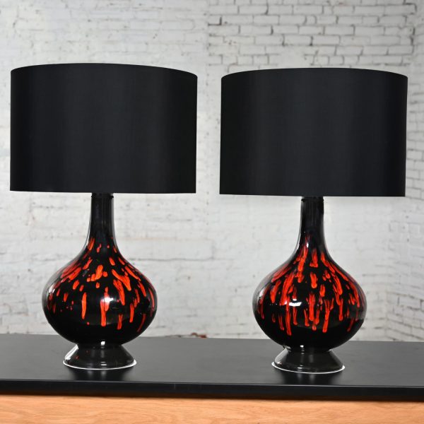 Mid-20th Century Mid-Century Modern Ceramic Orange & Black Glossy Drip Glaze Lamps a Pair