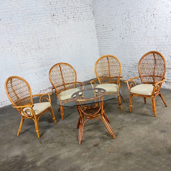 Late 20th Century Coastal Island Style Rattan Glass Top Dining or Game Table & 4 Chairs a Set