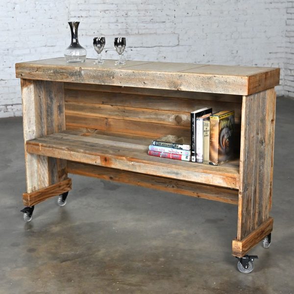 Late 20th to Early 21st Century Rustic Distressed Wood Ceramic Top Bookshelf Console Table or Rolling Bar