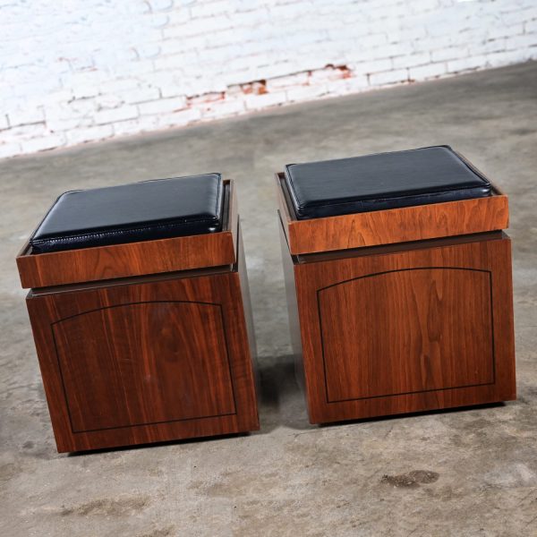 1965 Mid Century Modern Lane Rolling Cube Storage Ottoman End Tables with Game Board & Black Vinyl Flip Table Top a Pair