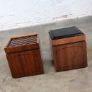 1965 Mid Century Modern Lane Rolling Cube Storage Ottoman End Tables with Game Board & Black Vinyl Flip Table Top a Pair