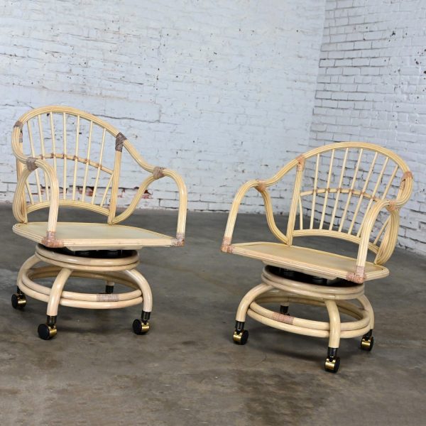 Late 20th Century Coastal Tropical Island Style Cerused Reeded Rattan Rolling & Swivel Chairs a Pair