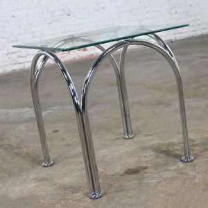 Mid-20th Century Bauhaus Style Arched Chrome Tube Base & Square Beveled Glass Top End or Side Table
