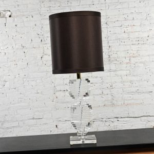 1991 Modern to Postmodern Helix Spiral Stacked Lucite Bauer Co Table Lamp with Espresso Drum Shade
