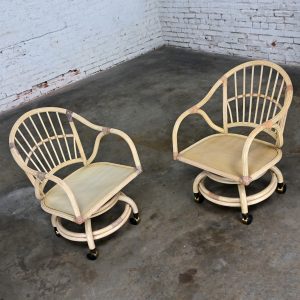 Late 20th Century Coastal Tropical Island Style Cerused Reeded Rattan Rolling & Swivel Chairs a Pair