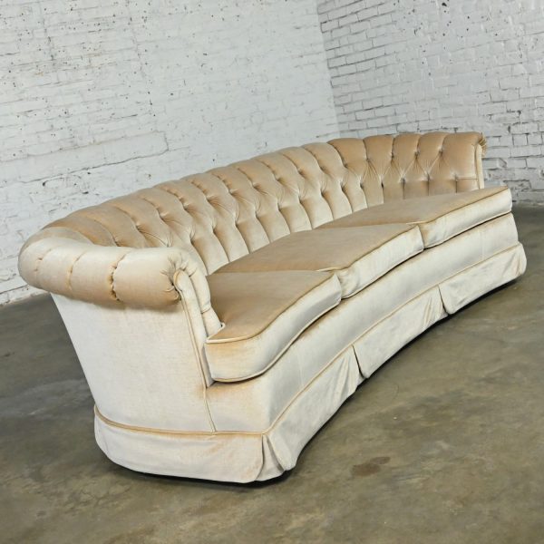 Mid-20th Century Hollywood Regency Curved Sofa Beige Velvet Button Tufted Back by Lee Harvey for Maddox