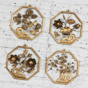 Mid-20th Century Asian Gold Painted Octagon Wood & Metal Four Seasons Wall Plaques Made in Hong Kong set of 4