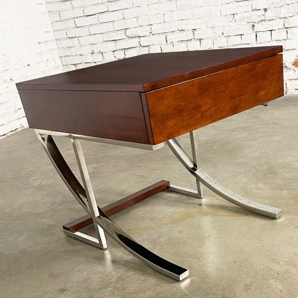 Late 20th Century Modern Broyhill Chrome & Wood Cantilever Base End or Side Table with Drawer