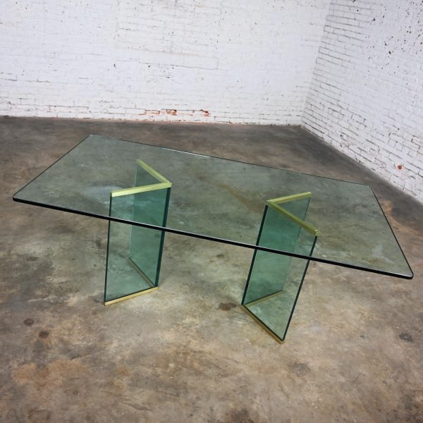 Late 20th Century Modern Glass & Brass Double Pedestal Dining Table Attributed to Pace Collection