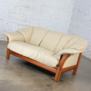 Late 20th Century Scandinavian Modern Teak & Off White Leather Small Sofa Attributed to Ekornes