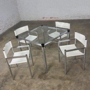 1970’s Modern James David Style Chrome & Glass Dinette Set or Game Table W/ 4 Chrome & White Vinyl Directors Sling Chairs