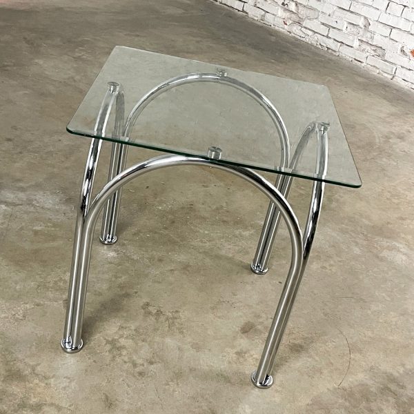 Mid-20th Century Bauhaus Style Arched Chrome Tube Base & Square Beveled Glass Top End or Side Table