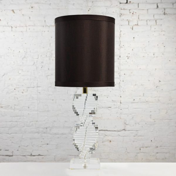 1991 Modern to Postmodern Helix Spiral Stacked Lucite Bauer Co Table Lamp with Espresso Drum Shade