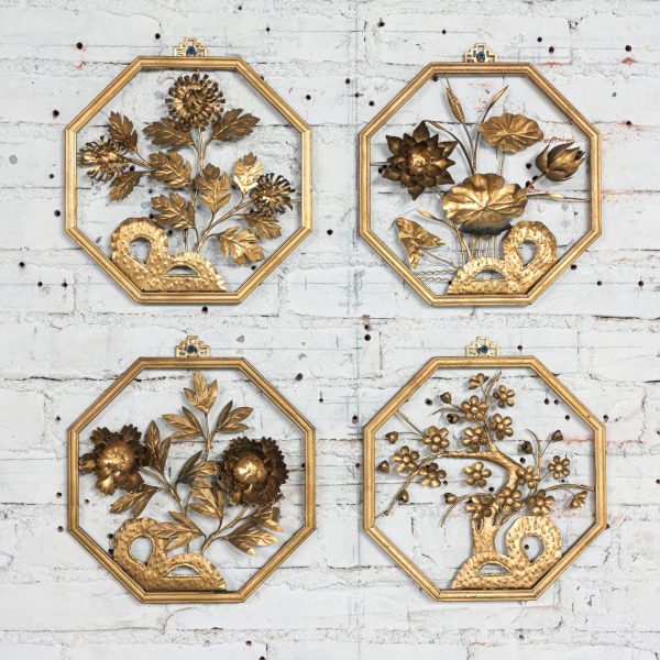 Mid-20th Century Asian Gold Painted Octagon Wood & Metal Four Seasons Wall Plaques Made in Hong Kong set of 4