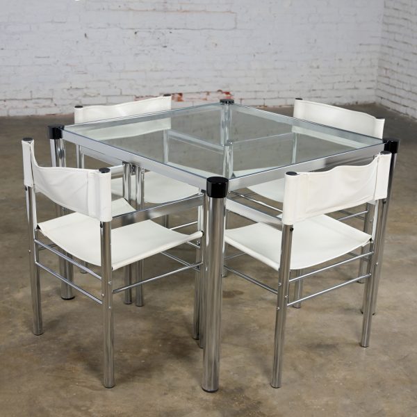 1970’s Modern James David Style Chrome & Glass Dinette Set or Game Table W/ 4 Chrome & White Vinyl Directors Sling Chairs