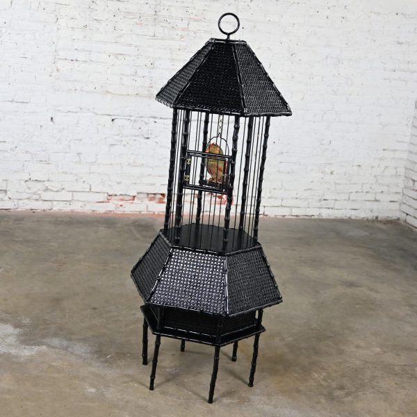 Mid-20th Century Mid Century Modern Tall Standing Birdcage Black Painted Bamboo & Metal