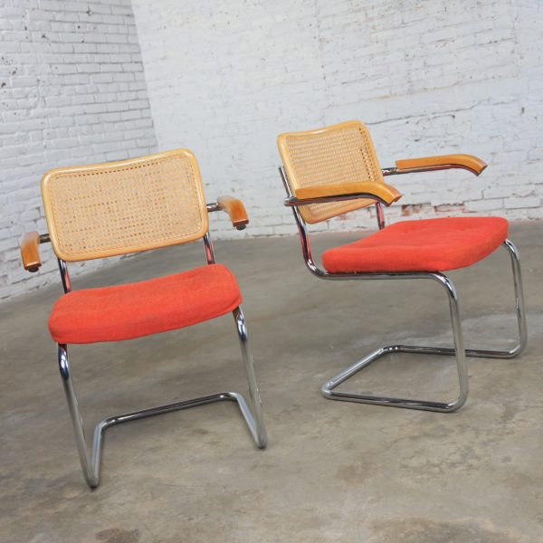 1980’s Bauhaus Pair Chromcraft Armchairs Style of Cesca Chairs by Marcel Breuer Cane Backs & Chrome Cantilever Bases