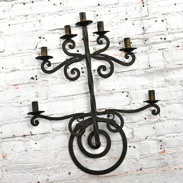 Mid-20th Century Gothic Spanish Revival Handmade Wrought Iron Black Painted Candelabra Wall Hanging Made in Mexico