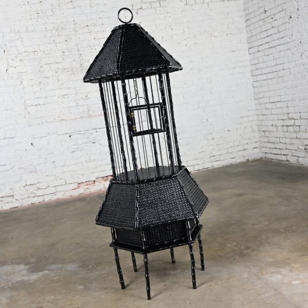 Mid-20th Century Mid Century Modern Tall Standing Birdcage Black Painted Bamboo & Metal