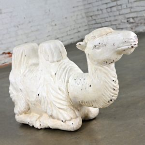20th Century Figural Carved Solid Wood Resting Camel Sculpture Distressed White Painted Body