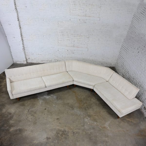 Mid-20th Century Mid Century Modern Sectional Sofa Off White Fabric Button Back Detail