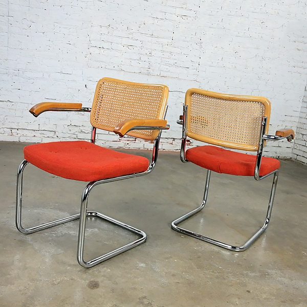 1980’s Bauhaus Pair Chromcraft Armchairs Style of Cesca Chairs by Marcel Breuer Cane Backs & Chrome Cantilever Bases