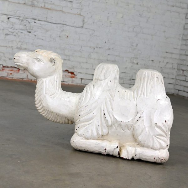 20th Century Figural Carved Solid Wood Resting Camel Sculpture Distressed White Painted Body