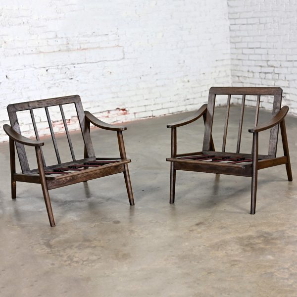 Mid-20th Century Danish or Scandinavian Modern Style Walnut Stained Wood Armchair Frames a Pair