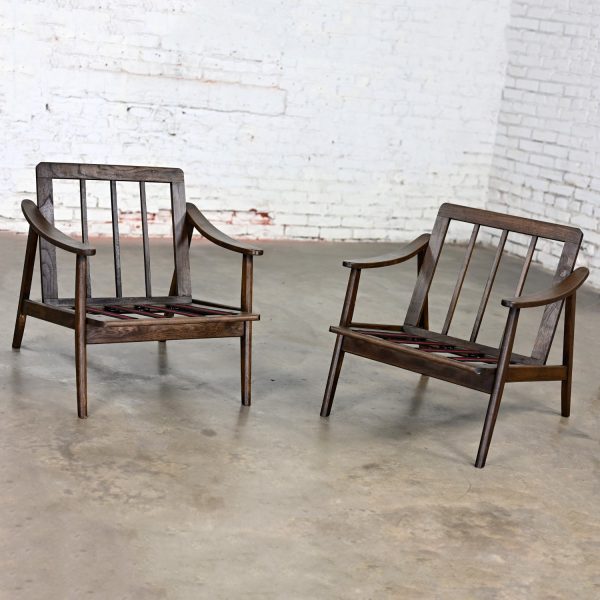 Mid-20th Century Danish or Scandinavian Modern Style Walnut Stained Wood Armchair Frames a Pair