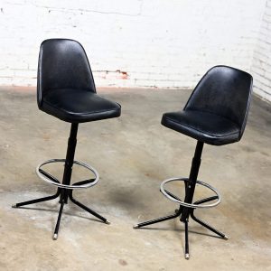 Mid-20th Century MCM Adjustable Swivel Barstools Black Vinyl Chrome & Black Painted Steel a Pair