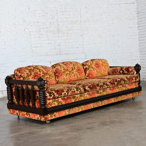 Vintage Spanish Revival Sofa with Floral Tapestry Chenille Fabric Barley Twist Turned Spindle Sides & Brass Detail