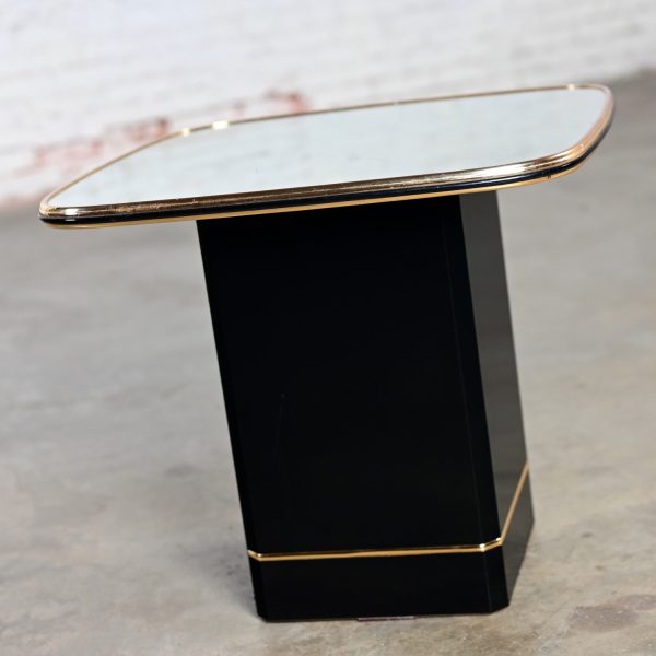 Late 20th Century Postmodern End or Side Table with Mirror Top & Black Laquered Pedestal Base